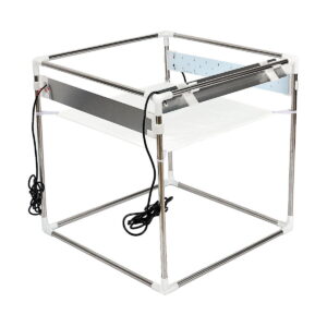 Godox_LST40_016 Godox LST40 - The shooting tent features an open metal cube frame with corner connectors, a horizontal LED light panel and electrical wiring suspended from the sides. The wires are visible on the outer surface of the structure.