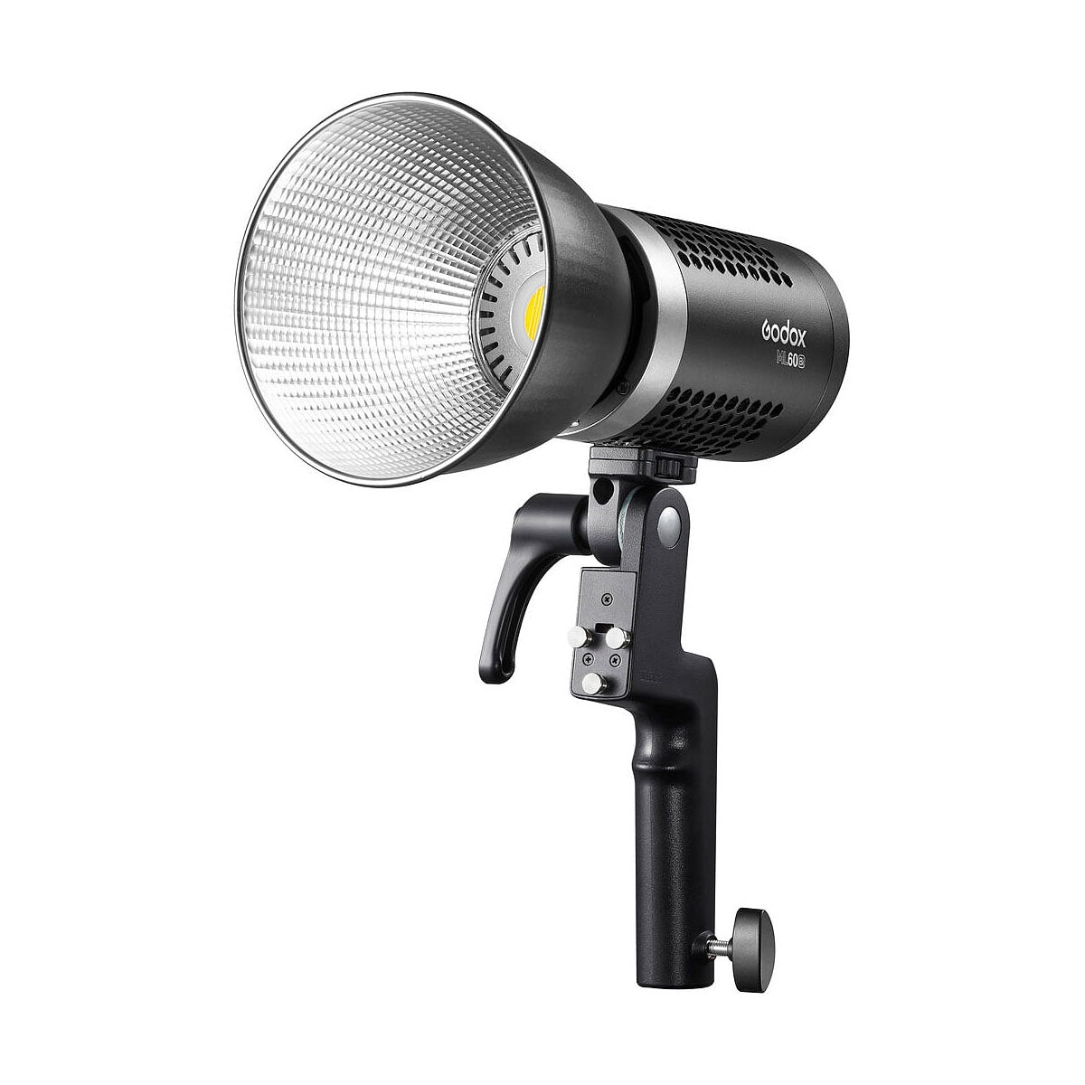 Godox ML60Bi LED-videovalo on varustettu suurella heijastimella, mustalla sylinterimäisellä rungolla, tuuletetuilla sivuilla ja kiinnityskahvalla, kuvassa valkoisella pohjalla.