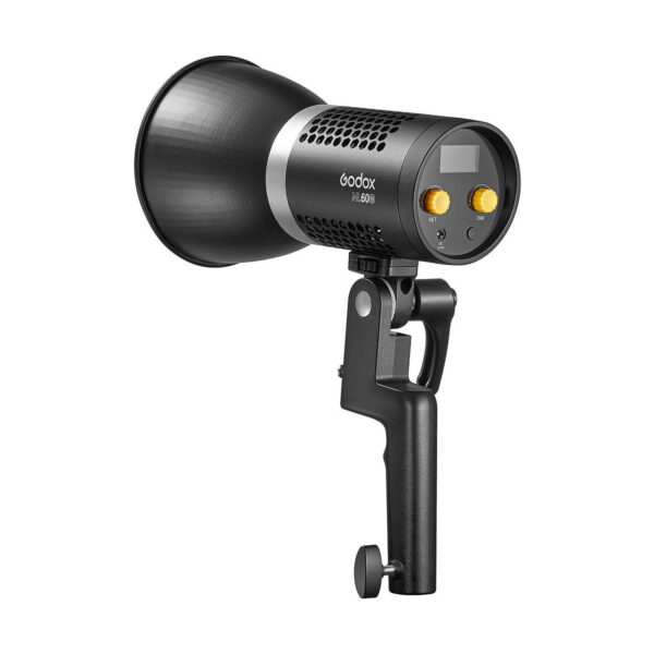 Musta Godox ML60Bi Led videovalo -LED-valo, jossa on kahva, tuuletettu runko, digitaalinen näyttö ja kaksi keltaista säätönuppia valkoista taustaa vasten.
