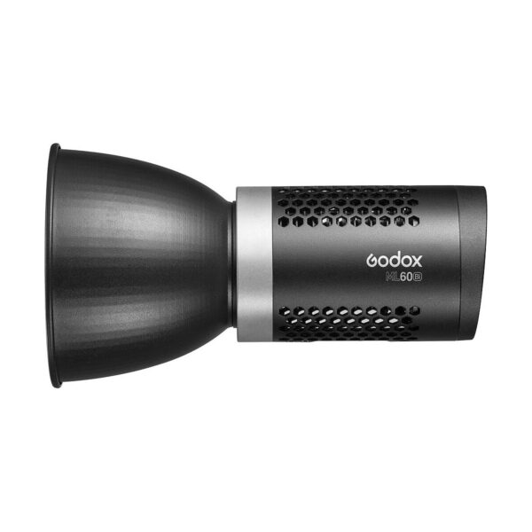 Godox ML60Bi LED-videovalo -LED-valo näkyy sivuprofiilissa, jossa on musta tuuletettu lieriömäinen runko hopeisilla korostuksilla ja leveä, levenevä heijastin.