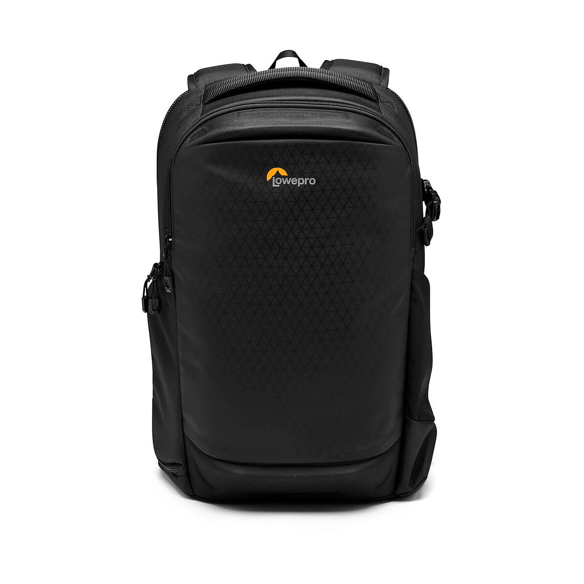 Lowepro Flipside 300 AW III camera backpack, black, features a subtle diamond pattern, orange logo, padded shoulder straps and multiple zipped pockets. Shown on a white background.