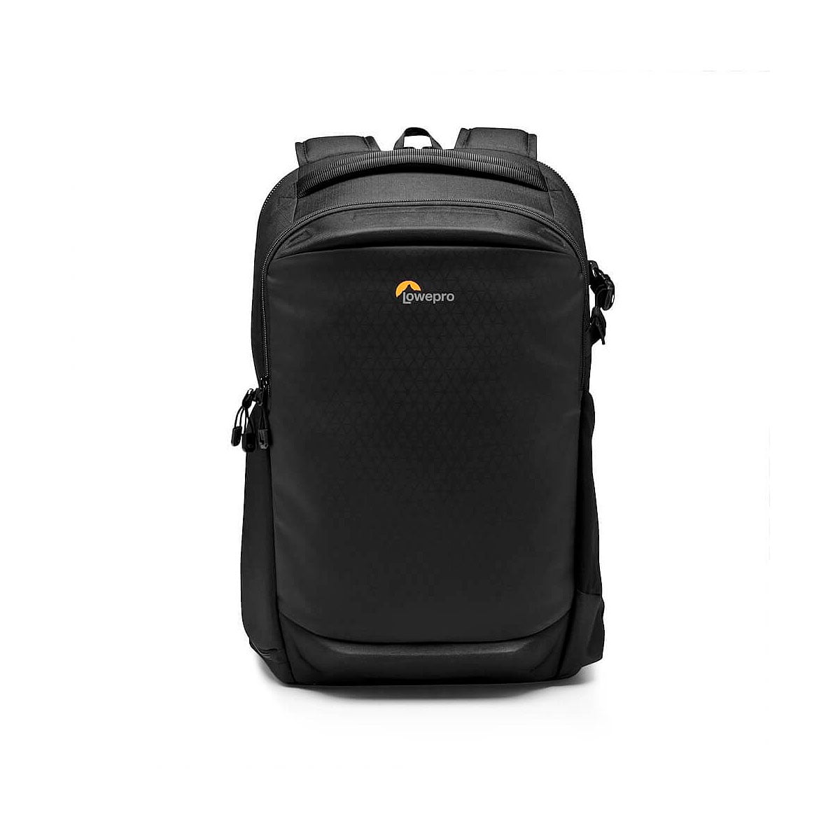 Mustassa Lowepro Flipside 400 AW III -kamerareppussa on pehmustetut olkahihnat, etutasku sekä keltainen ja valkoinen Lowepro-logo edessä. Reppu näkyy yksinkertaisella valkoisella pohjalla.