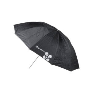 The Quadralite 150cm Gold umbrella features the Quadratic logo and text in white on one panel, a metal handle, and is visible against a white background.