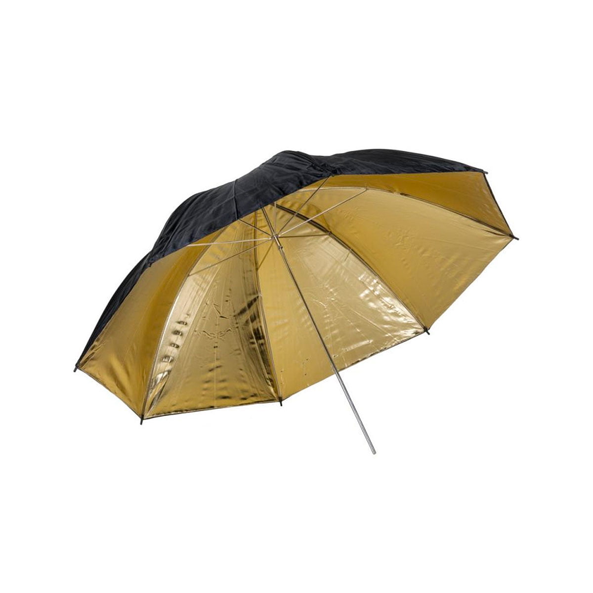 Quadralite 91cm Gold -sateenvarjossa on musta ulkopinta, heijastava kultainen sisäpinta ja metallinen varsi, joka on ihanteellinen studiovalaistukseen.