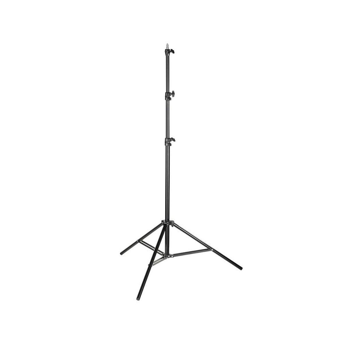 Quadralite AIR Pneumatic Light Stand 260cm on musta, säädettävä kolmijalkainen jalusta, jossa on kolme pidennettyä jalkaa vakauden takaamiseksi, kuvassa pystyssä valkoisella pohjalla.