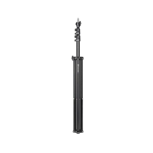 Quadralite AIR Pneumatic Light Stand 260cm, jossa on säädettävät, ulosvedettävät jalat ja yläkiinnitysruuvi, seisoo pystyssä valkoisella pohjalla.