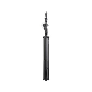Quadralite Boom Multi Studio Tripod, musta, kokoontaitettava jalusta, jossa on useita säädettäviä osia ja lukitusmekanismit, on esitetty pystyssä valkoista taustaa vasten.