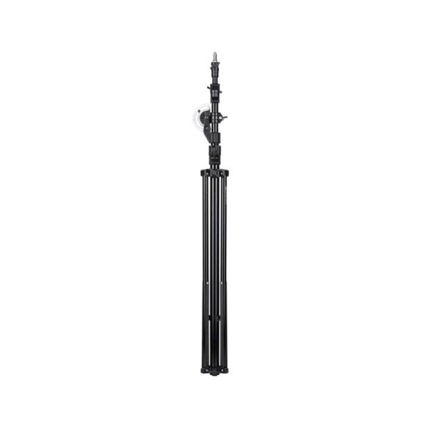 Quadralite Boom Multi Studio Tripod, musta, kokoontaitettava jalusta, jossa on useita säädettäviä osia ja lukitusmekanismit, on esitetty pystyssä valkoista taustaa vasten.