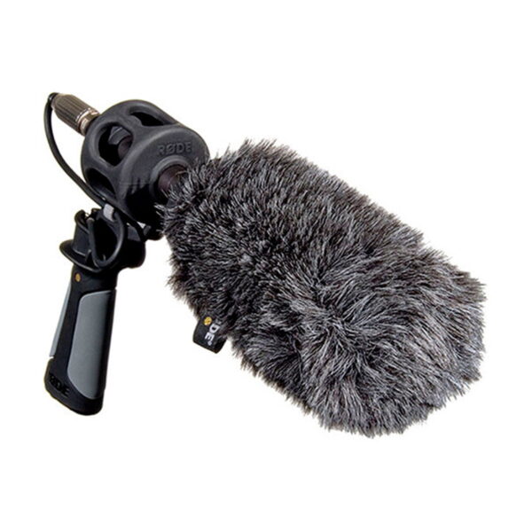 The Rode WS6 Deluxe Windscreen is a grey furry windscreen cover designed to fit handheld microphones with black handles, effectively reducing wind noise when recording outdoors.