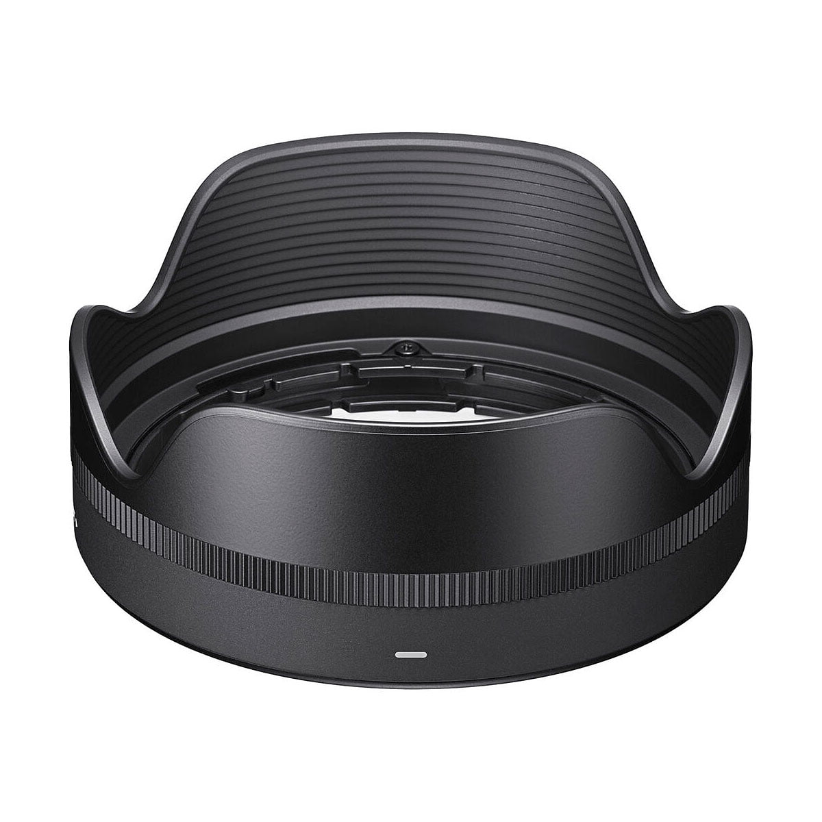 Sigma_18-50mm_f_2_8_DC_DN_Contemporary-Sony-E_002 Sigma 18-50mm f/2.8 DC DN Contemporary lens hood for Sony E from the front, with black petal design and ribbed interior against a white background.