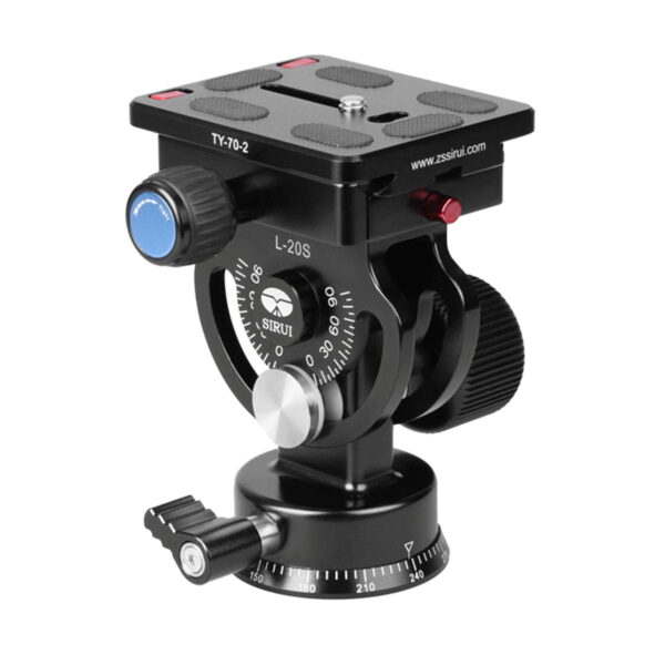 The Sirui L-20S Tilt Head is a black and silver camera tripod head with adjustment knobs, a mounting plate at the top and angle markings on its rotating parts. The "Sirui" brand and model "L-20S" appear on the side.