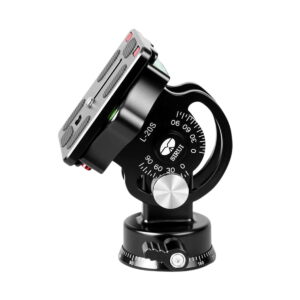 The Sirui L-20S Tilt Head features a black and silver design with angle adjustment wheels, a quick release plate and engraved markings for precise positioning.