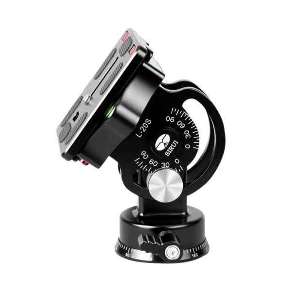 The Sirui L-20S Tilt Head features a black and silver design with angle adjustment wheels, a quick release plate and engraved markings for precise positioning.