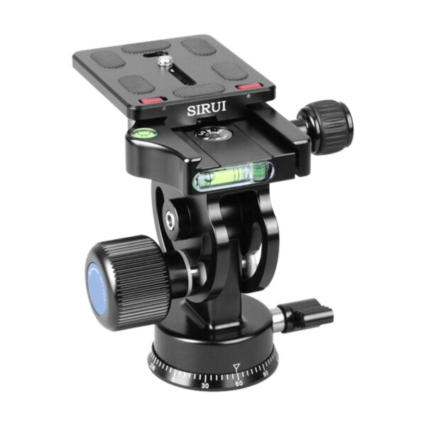 The Sirui L-20S Tilt Head is a black tripod head with adjustment knobs, quick release plate and built-in bubble scales for precise camera positioning.