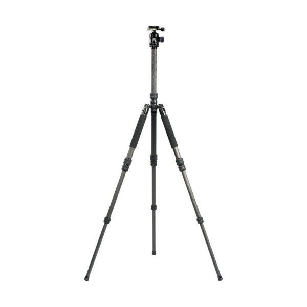 Sirui MT-2204 + MT-20 on musta kolmijalka, jossa on säädettävät, pehmustetut jalat ja kuulapää, täysin ulosvedettynä valkoisella pohjalla. Sen jaloissa on useita lukitusosia räätälöityä korkeussäätöä varten.