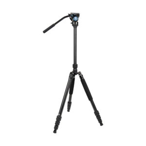 The Sirui Traveler 7VA is a black camera stand with three adjustable feet, foam handles, an extended centre column and a liquid pan head with a handle for smooth camera movement.