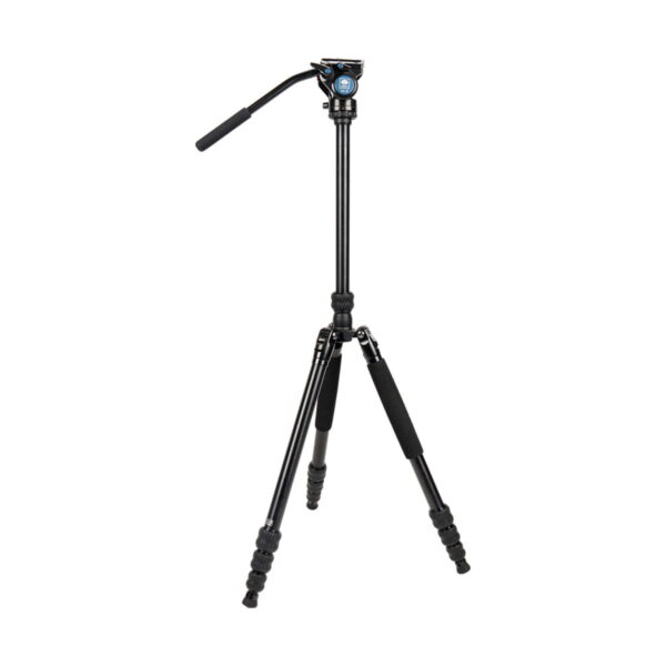 The Sirui Traveler 7VA is a black camera stand with three adjustable feet, foam handles, an extended centre column and a liquid pan head with a handle for smooth camera movement.