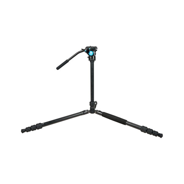 The Sirui Traveler 7VA tripod, finished in black with a long handle and adjustable legs fully extended at a low angle, is featured against a white background.