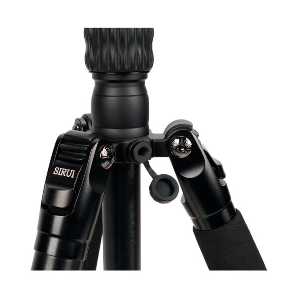 Close-up of the black Sirui Traveler 7VA tripod, highlighting the centre column, foot joints, control knobs and Sirui branding on the foot lock against a white background.