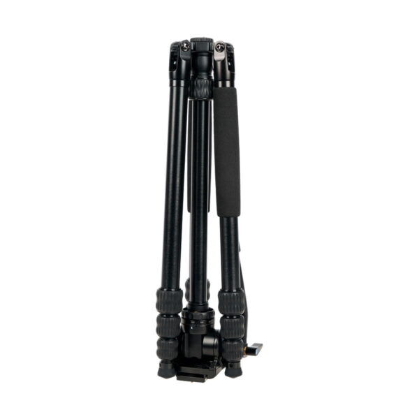 The Sirui Traveler 7VA is a black, folding camera tripod with foam padding on one leg and twist-locking parts, shown upright against a white background.