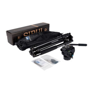 The Sirui Traveler 7VA camera tripod kit includes tripod legs, fluid head, carrying case, instructions, tools and comes in a brown Sirui box - all pictured on a white background.