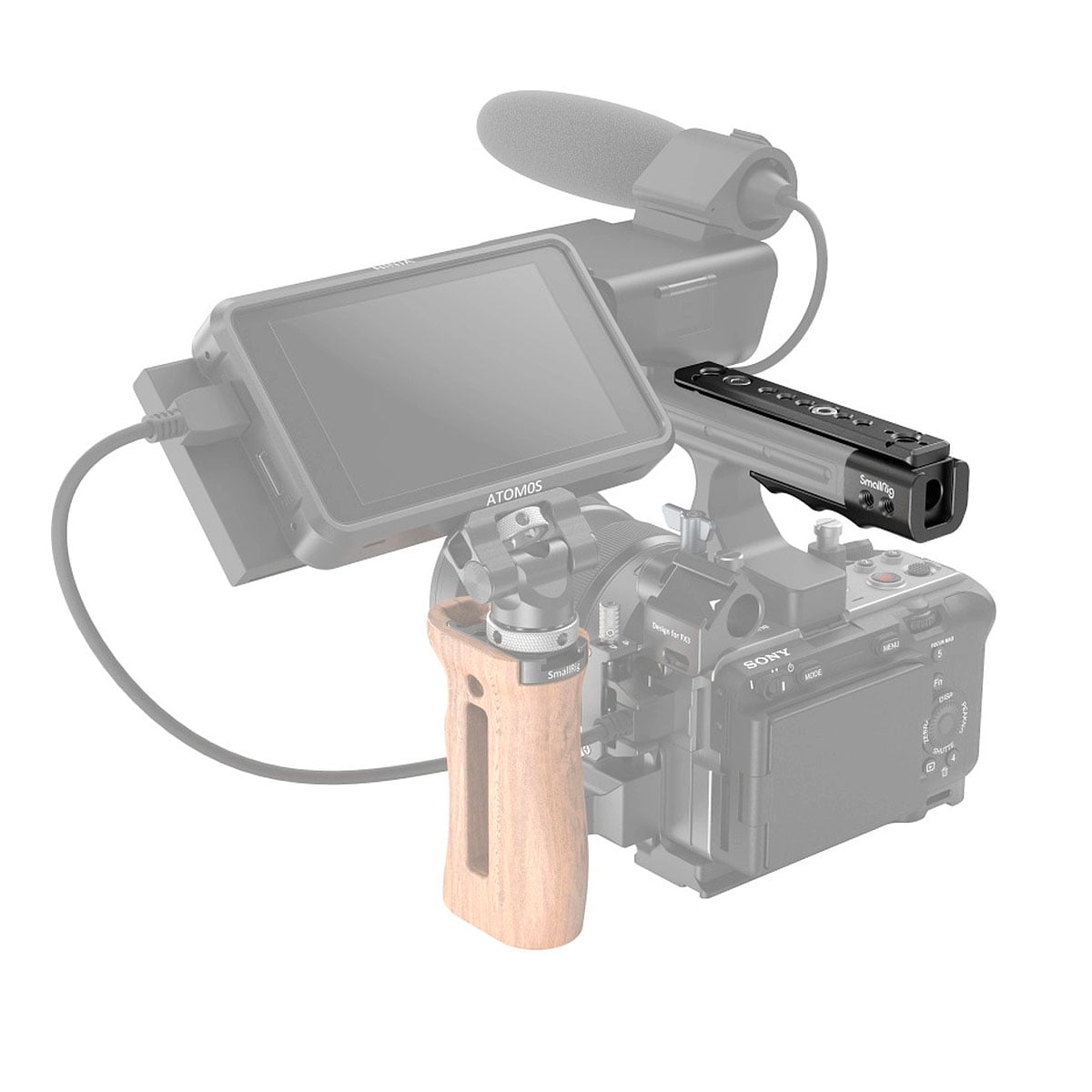 SmallRig 3490 Sony FX3 XLR Handle Extension Rig -laajennustelineen puinen kahva ja päälisävaruste on korostettu, kun taas kamera ja muut komponentit näkyvät harmaina.