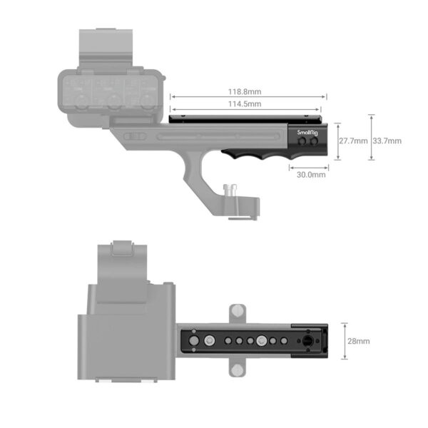 SmallRig 3490 Sony FX3 XLR XLR Handle Extension Rigin tekninen kaavio, jossa näkyy ylä- ja sivukuvat. Mitat: 118,8 mm pitkä, 30 mm leveä, korkeus 33,7 mm ja 27,7 mm ja leveys ylhäältä katsottuna 28 mm, eri kiinnityspisteet näkyvissä.