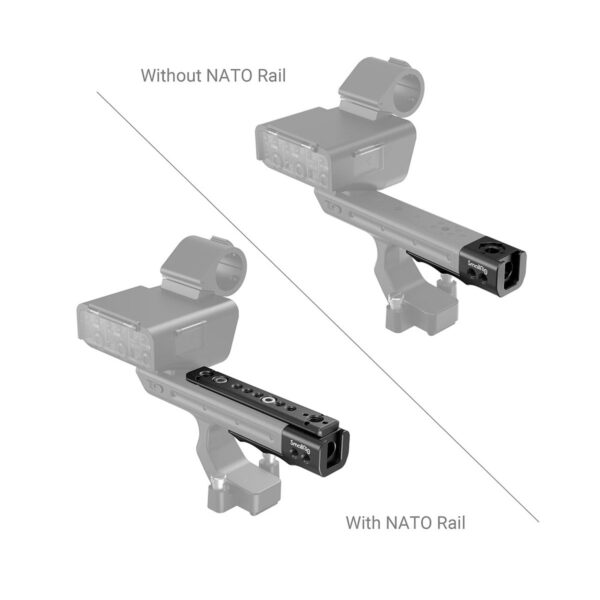 Vertailukuva kahdesta asetelmasta: vasemmalla SmallRig 3490 Sony FX3 XLR Handle Extension Rig ilman NATO-kiskoa (paljas varsi), oikealla sama varsi NATO-kiskokiinnityksellä.