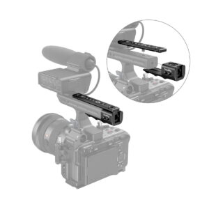 SmallRig 3490 Sony FX3 XLR Handle Extension Rig on kuvassa kiinnitettynä kameraan, ja sisäkuvassa on korostettu mustan metallikahvan kiinnityspisteitä ja liitäntälaitteita.