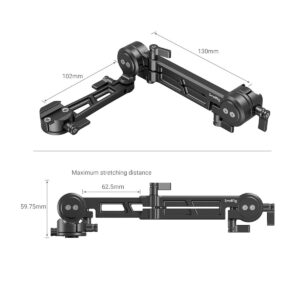 SmallRig 3507 säädettävässä EVF-kiinnikkeessä NATO-kiinnikkeellä on kaksi mustaa metallivartta (pituudet 102mm ja 130mm), 59,75mm korkeus ja 62,5mm enimmäisvenymä, kuvassa laajennettuna ja taitettuna.