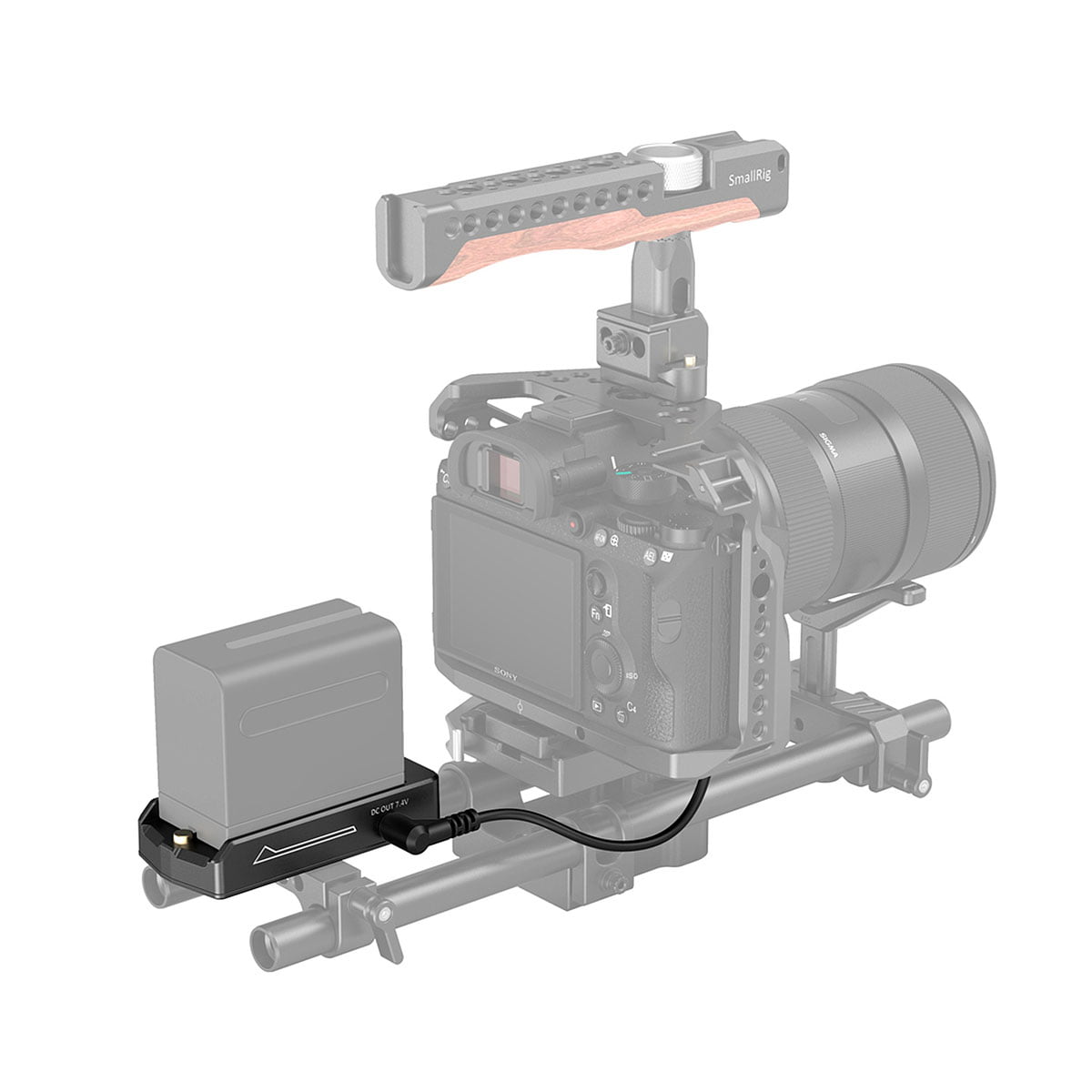 The SmallRig 3095 NP-F Battery Adapter Plate Lite with NP-FZ100 dummy battery is connected to the camera rig with a cable. The camera and rig appear semi-transparent, while the adapter plate and battery are fully visible from the front.