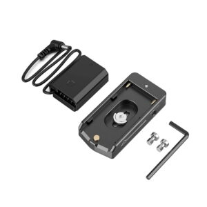 SmallRig 3095 NP-F Battery Adapter Plate Lite and NP-FZ100 dummy battery includes adapter plate, two screws, L-shaped hexagonal wrench, dummy battery and connecting cable in white.