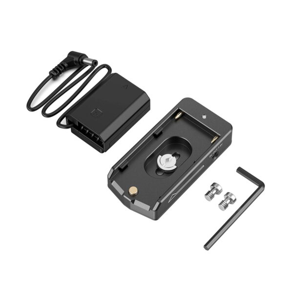 The SmallRig 3095 NP-F Battery Adapter Plate Lite with NP-FZ100 Dummy Battery kit contains a dummy battery with a white background, a cable, a metal mounting plate, two small screws and an L-shaped hex key.