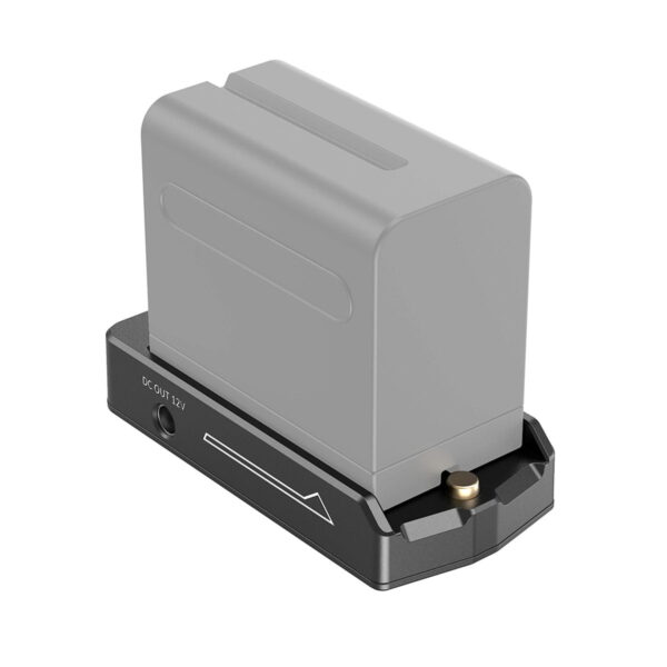 The SmallRig 3095 NP-F Battery Adapter Plate Lite with NP-FZ100 Dummy Battery is a grey rectangular battery with a black charging cradle, a white arrow and a DC OUT 12V port marked on the side.
