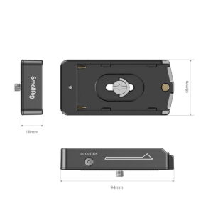 The SmallRig 3095 NP-F Battery Adapter Plate Lite with NP-FZ100 Dummy Battery is a rectangular black metal mounting plate (94mm x 46mm x 18mm) with mounting screws, DC OUT 12V port and Smallrig branding; top, side and edge views shown.