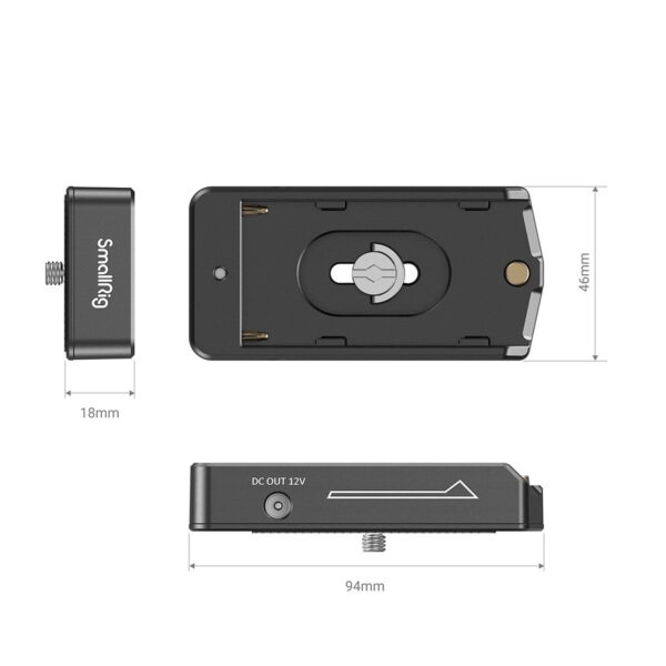 The SmallRig 3095 NP-F Battery Adapter Plate Lite with NP-FZ100 Dummy Battery is a rectangular black metal mounting plate (94mm x 46mm x 18mm) with mounting screws, DC OUT 12V port and Smallrig branding; top, side and edge views shown.