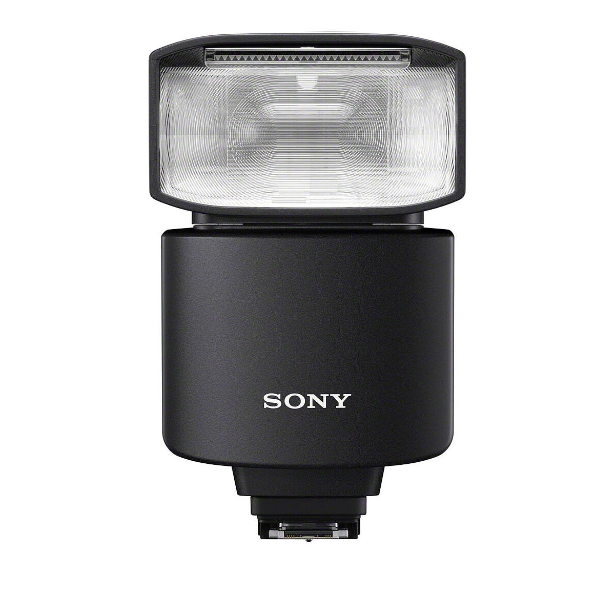 Musta Sony HVL-F46RM -salamalaite, jossa on suorakulmainen salamapää ja Sonyn logo etupuolella, kuvattuna valkoista taustaa vasten.