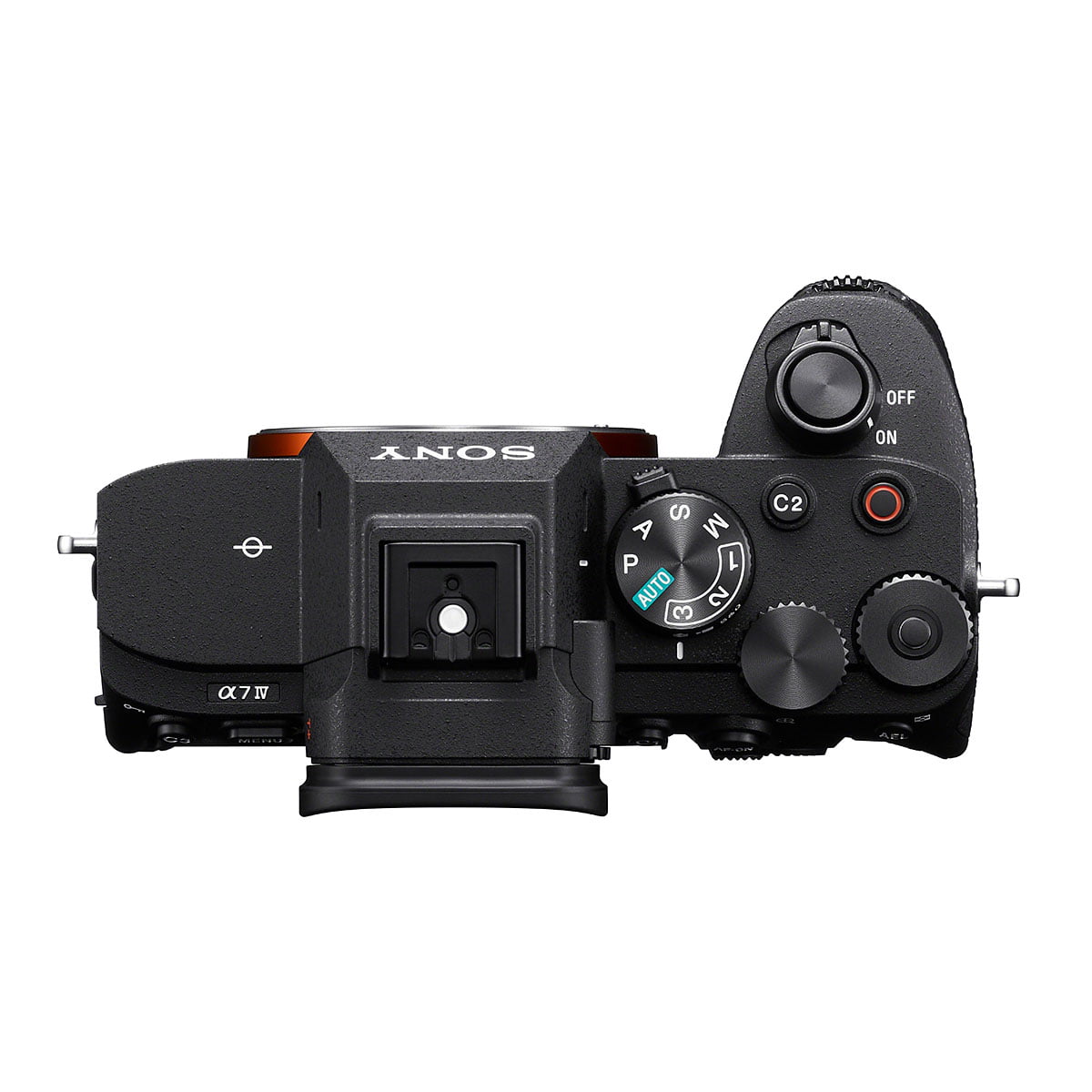 Ylhäältä katsottuna Sony A7 IV -järjestelmäkamera (300€ alennus), jossa on ohjauspyörät, virtakytkin, moodivalitsin, kuumakenkäkiinnitys ja useita painikkeita tyylikkäässä mustassa rungossa.
