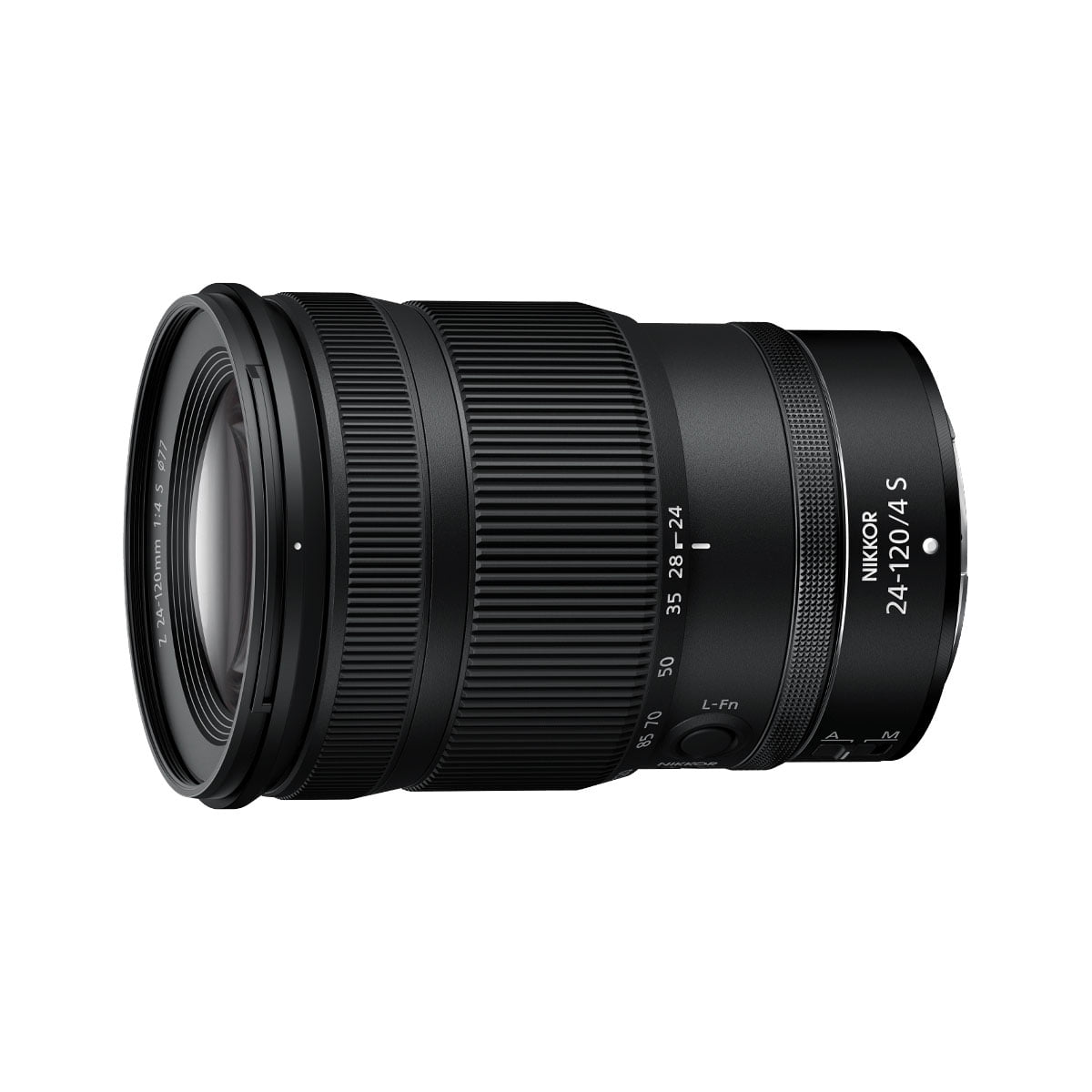nikkor_z_24-120mm_f4_03 Nikon Nikkor Z 24-120mm f/4 S -objektiivi on sijoitettu vaakasuoraan valkoiselle taustalle, ja siinä on musta viimeistely, zoomaus- ja tarkennusrenkaat sekä merkityt säätimet automaattitarkennusta ja manuaalitarkennusta varten.