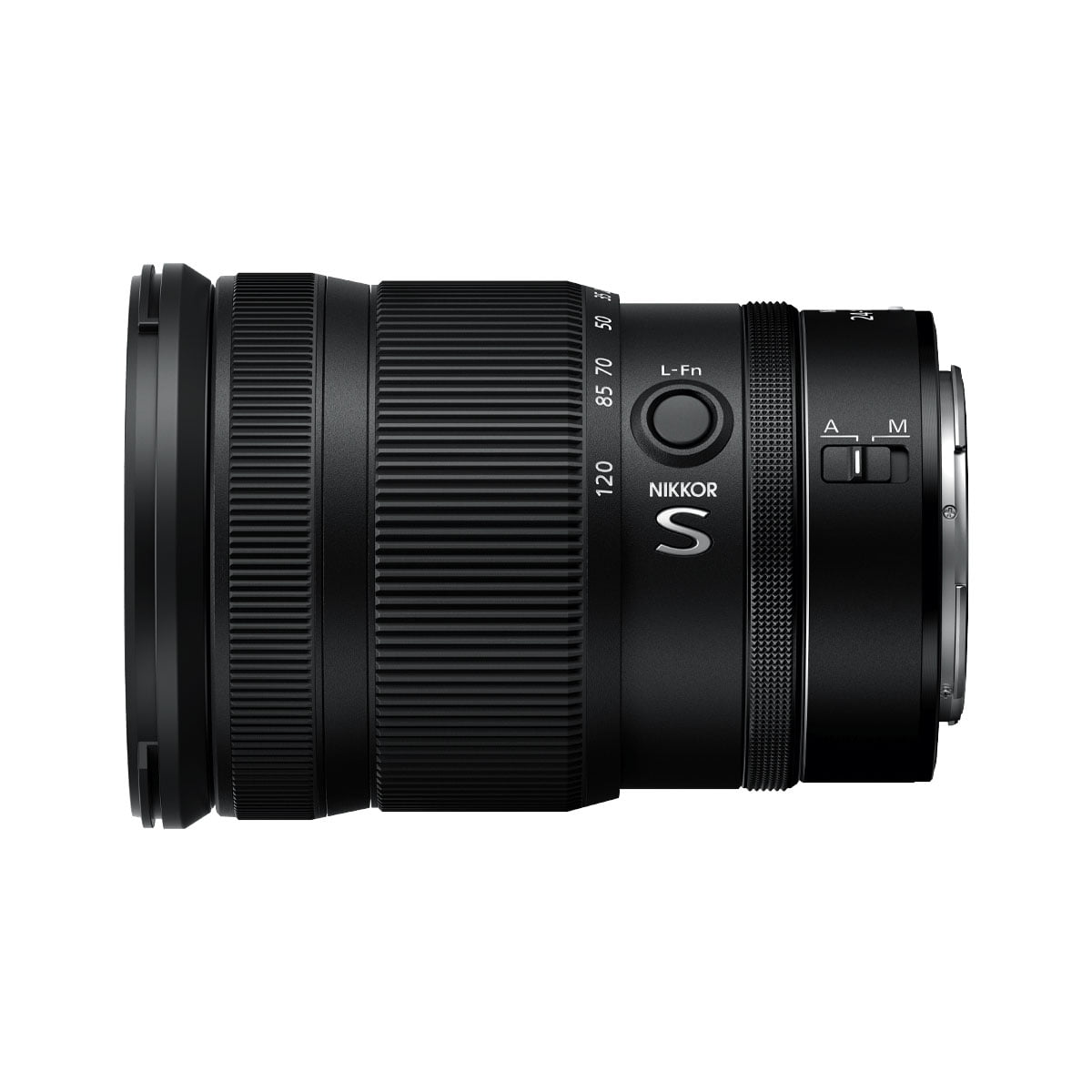 nikkor_z_24-120mm_f4_04 Mustan Nikon Nikkor Z 24-120mm f/4 S -objektiivi -objektiivin sivukuva, jossa näkyy tarkennus- ja zoomausrenkaat sekä objektiivin toimintojen ja automaattitarkennuksen/manuaalitarkennuksen kytkimet rungossa.
