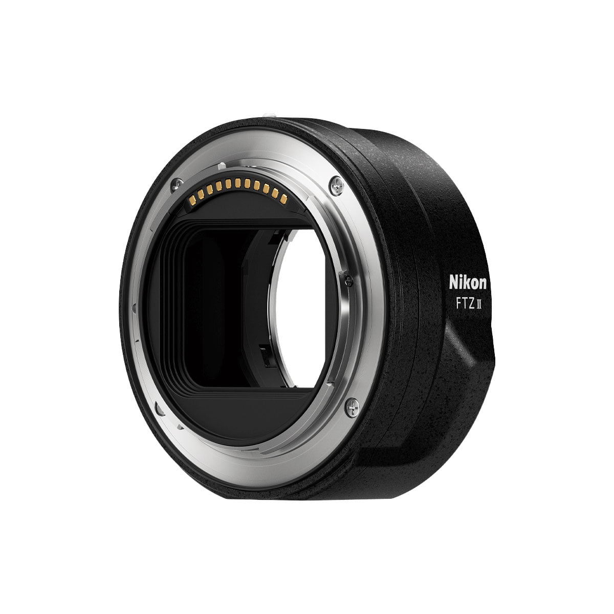 nikon_ftz_II Lähikuva Nikon FTZ II -bajonettisovitin objektiivin kiinnityssovittimesta valkoista taustaa vasten, jossa näkyy sen lieriön muoto, metallirengas ja näkyvät elektroniset koskettimet sisäreunassa.