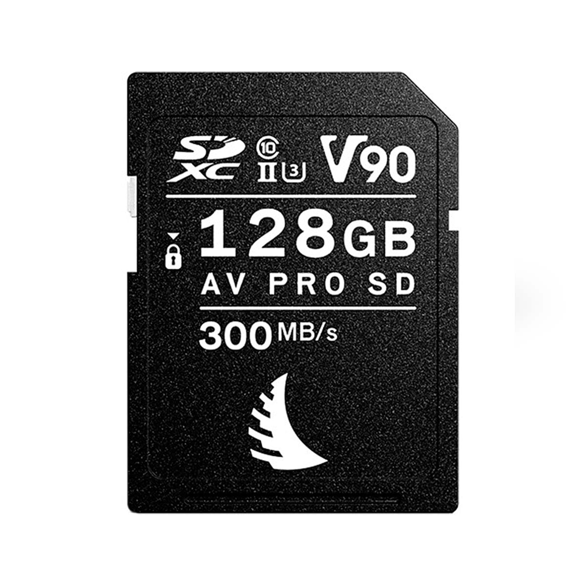 ANGELBIRD 128GB AV Pro Mk 2 V90 UHS-II SDXC -kortin 2-packin lähikuva, jossa näkyy V90-luokitus, 300MB/s nopeus ja etupuolelle painetut tekniset symbolit.