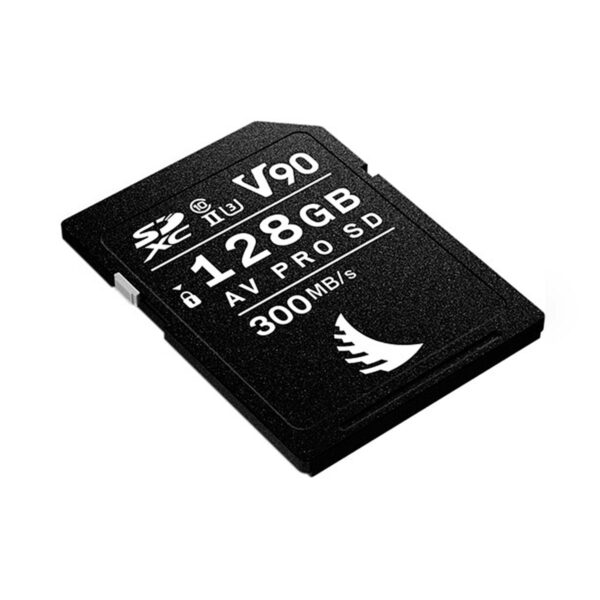Musta ANGELBIRD 128GB AV Pro Mk 2 V90 UHS-II SDXC -kortti (2-pack) on merkitty "128GB AV PRO SD", ja siinä on 300 MB/s nopeus ja V90 sekä SDXC-, UHS-II- ja luokka 10 -kuvakkeet pinnalla.