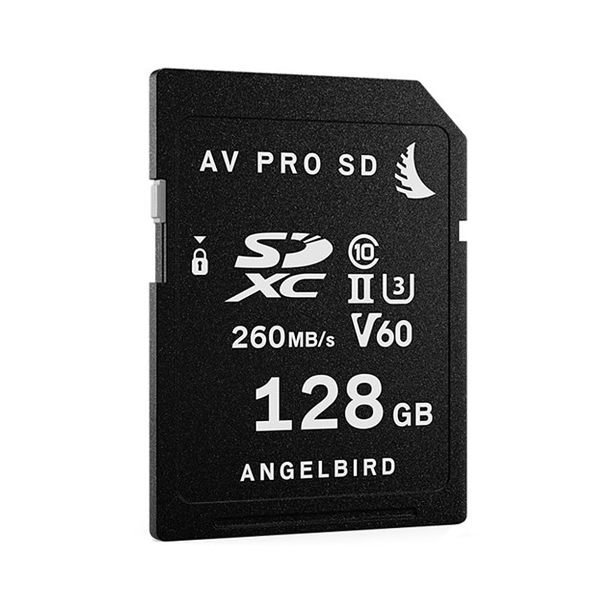Musta ANGELBIRD 128GB AV Pro Mk 2 V60 UHS-II SDXC-kortti, jonka nopeus on 260 MB/s ja jonka etupuolelle on painettu useita valkoisia suorituskykysymboleja.