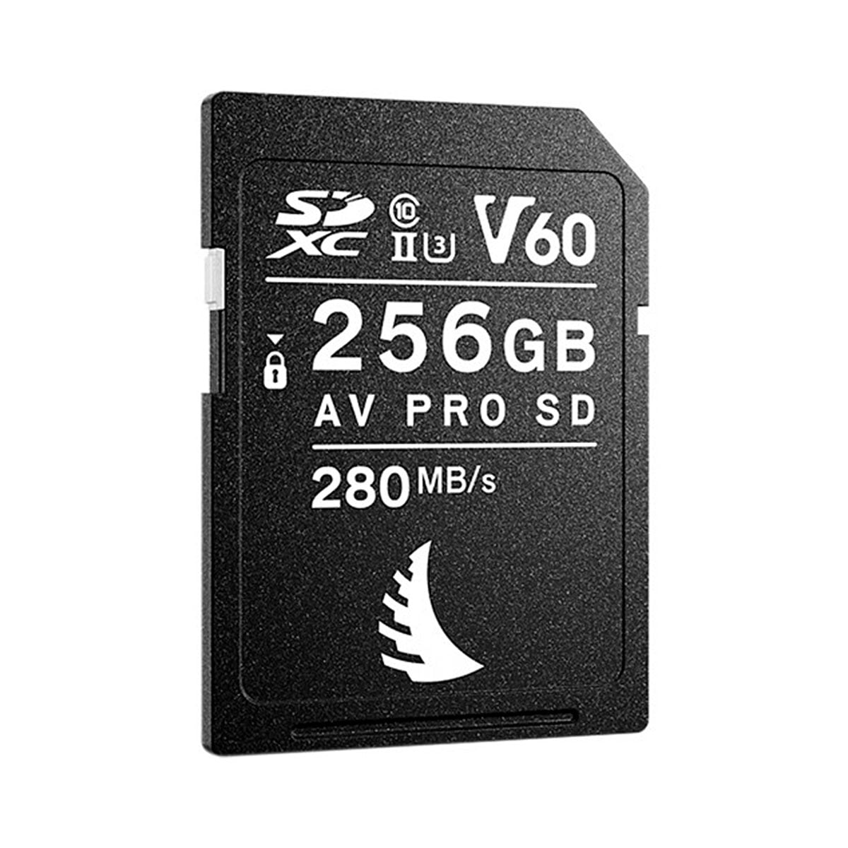 ANGELBIRD 256GB AV Pro Mk 2 V60 UHS-II SDXC -kortti tarjoaa V60-nopeusluokan ja 280 Mt/s siirtonopeuden, ja siinä on valkoista tekstiä ja symboleja mustalla pohjalla.