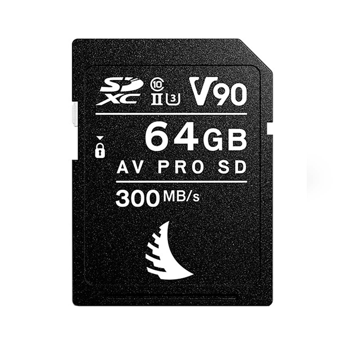 Musta ANGELBIRD 64GB AV Pro Mk 2 V90 UHS-II SDXC-muistikortti (2-pack), jonka lukunopeus on 300MB/s ja jossa on tekniset symbolit ja teksti.