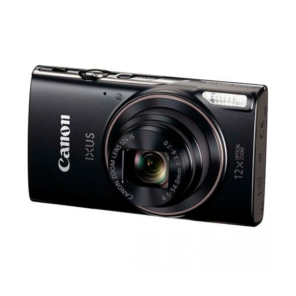 Musta Canon Ixus 285 HS -kompaktikamera, jossa on ulkoneva linssi, jossa lukee "12x optinen zoom", näytetään vinossa valkoista taustaa vasten.
