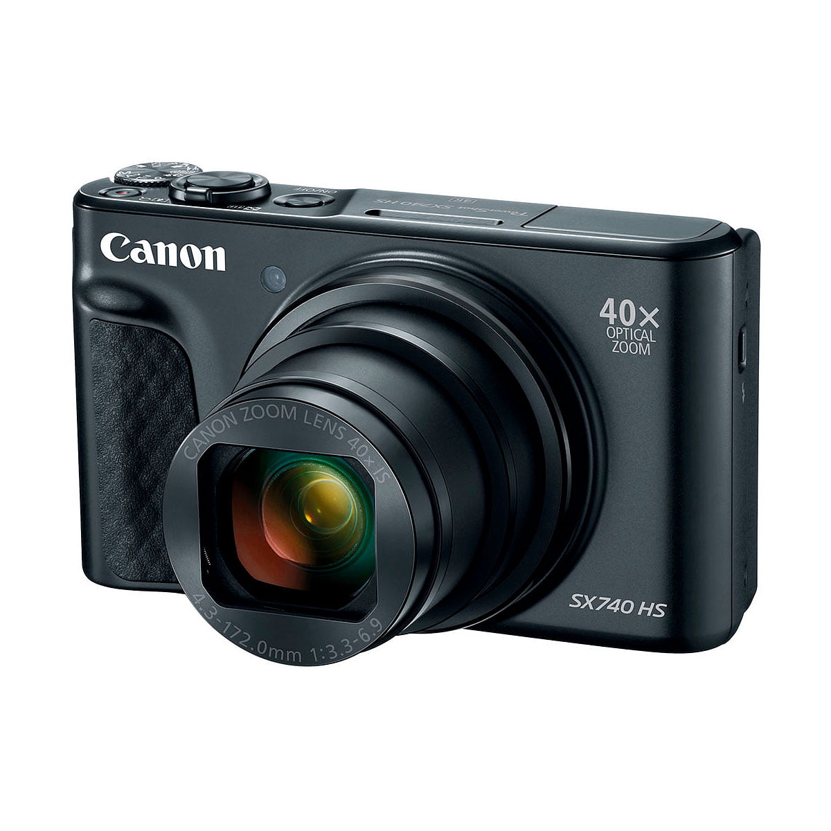 Black Canon PowerShot SX740 HS compact camera with 40x optical zoom lens, shot from an angle with the lens extended and the Canon logo on the front.