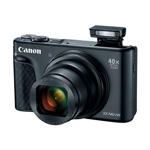 Black Canon PowerShot SX740 HS compact camera with protruding lens, raised flash and top buttons. It has a 40x optical zoom and the lens reflects light to highlight its glass elements.