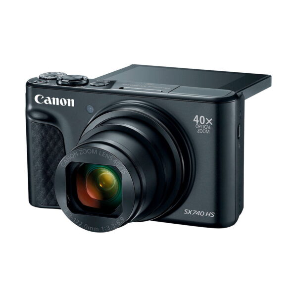 Canon PowerShot SX740 HS compact camera with extended lens and LCD screen turned up, showcasing its 40x optical zoom.